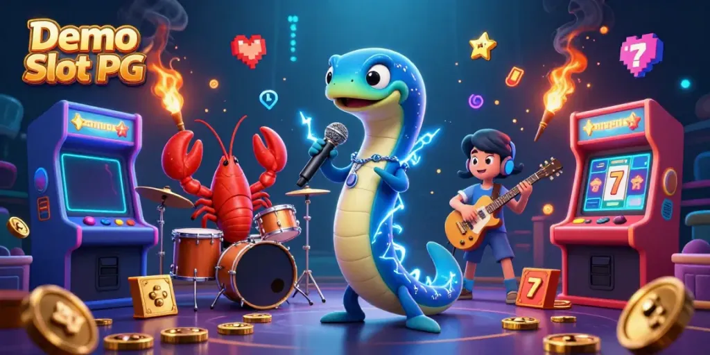 Immerse in the vibrant world of Demo Slot PG as electric eel DJ performs in an underwater casino, surrounded by game elements.