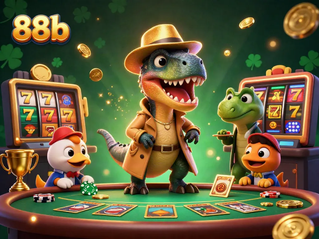 88b velociraptor plays blackjack while a pit boss watches, showcasing a vibrant casino scene.