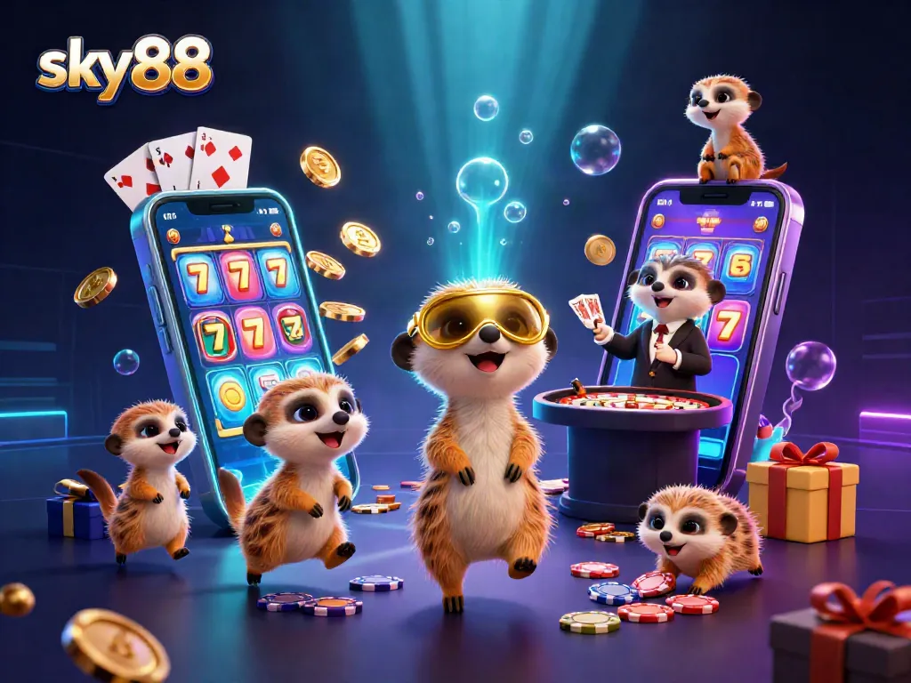 Experience sky88's exciting casino with meerkats running games and sneaking chips amidst vibrant slots and roulette.
