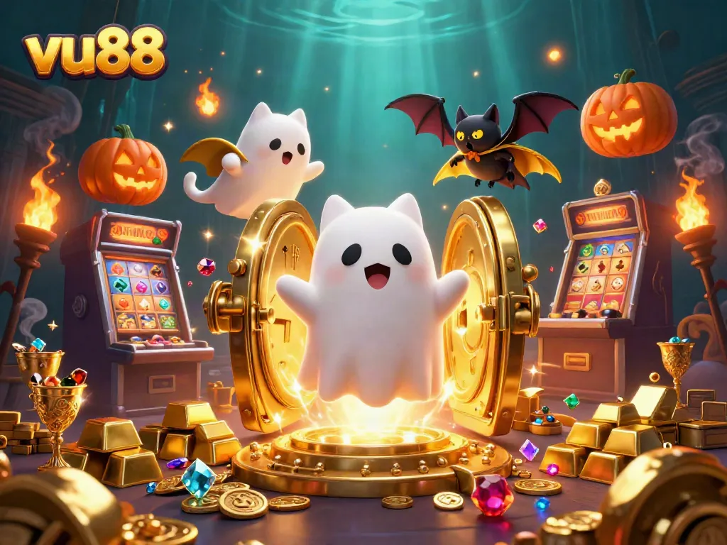 Experience the thrilling games of vu88 in this vibrant, spooky casino scene.