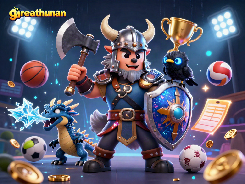 Engage in thrilling sports betting with greathunan, featuring a Viking wolf warrior amid dynamic game elements.