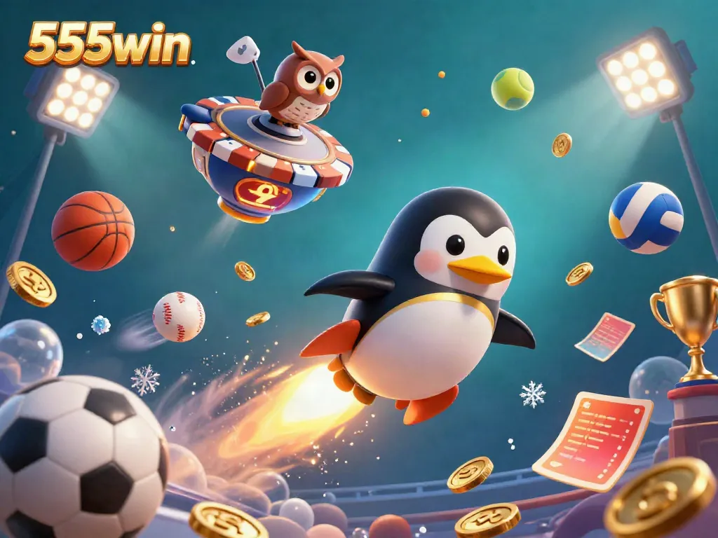 Experience the excitement of 555win in this vibrant casino space scene filled with golden coins and sports elements.