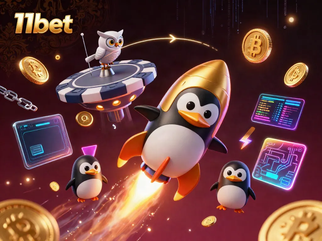 Experience the thrilling world of 11bet with a dynamic scene featuring a golden penguin and casino space station.