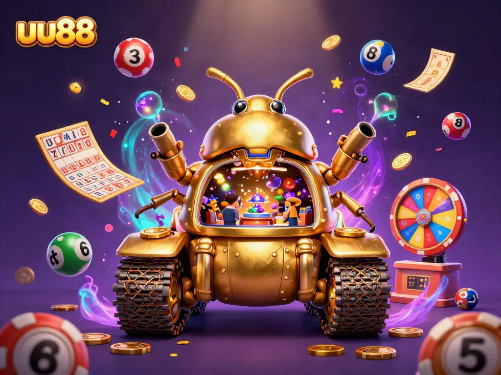 Experience thrilling gameplay at uu88 with a golden beetle tank casino showcasing vibrant lottery balls and exciting game elements.