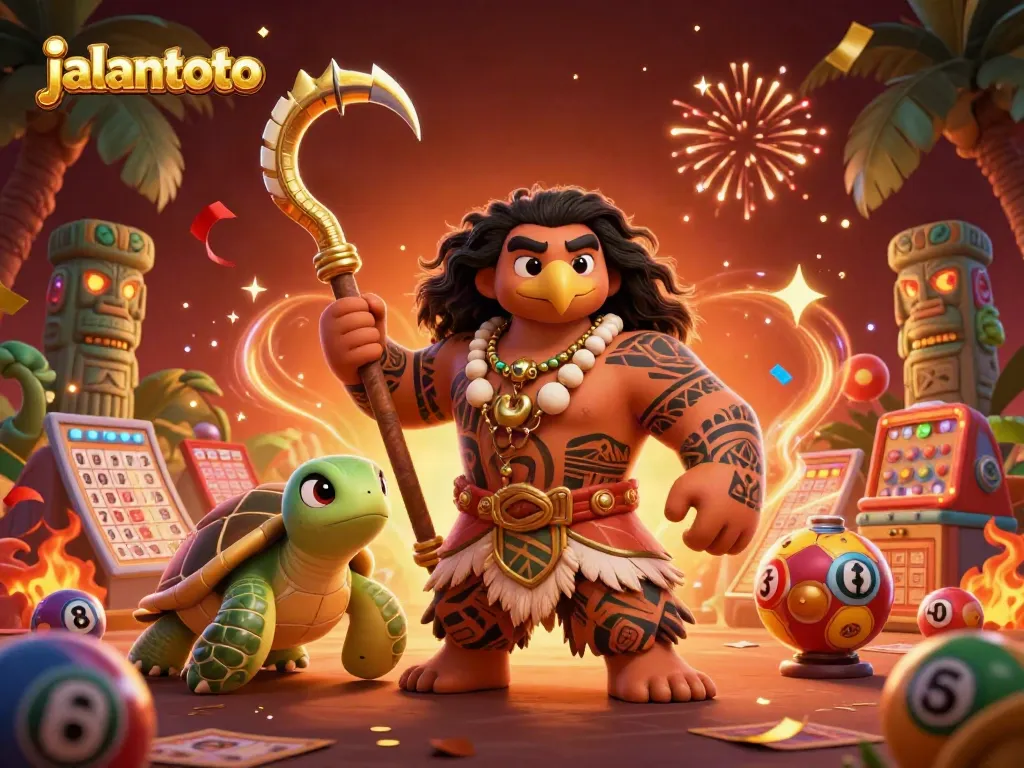 Memenangkan lotere dengan jalantoto, ilustrasi kartun 3D yang menampilkan karakter demigod berburu keberuntungan.