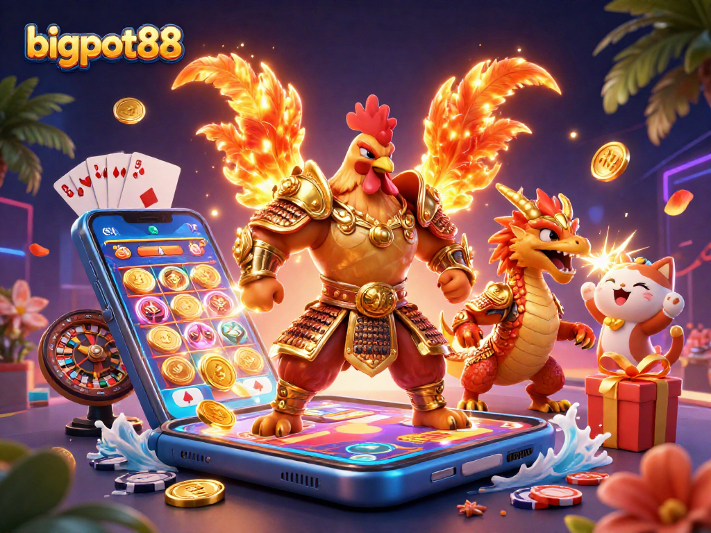 Menggunakan bigpot88 untuk mengakses permainan slot kreatif dengan karakter ayam petarung dan naga kecil yang megah.