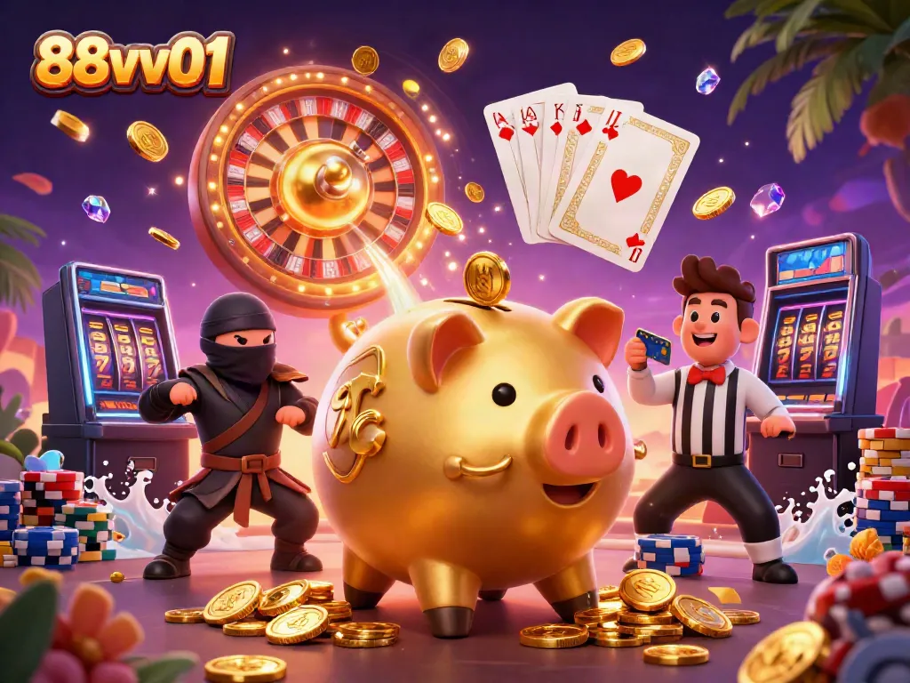 Experience exciting gameplay at 88vv01 with a lively casino scene featuring action-packed characters.