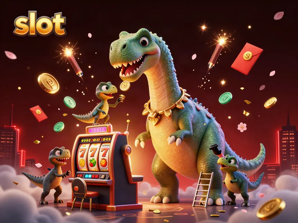 Engage with vibrant slot imagery featuring a brontosaurus and raptor in a lively casino setting.