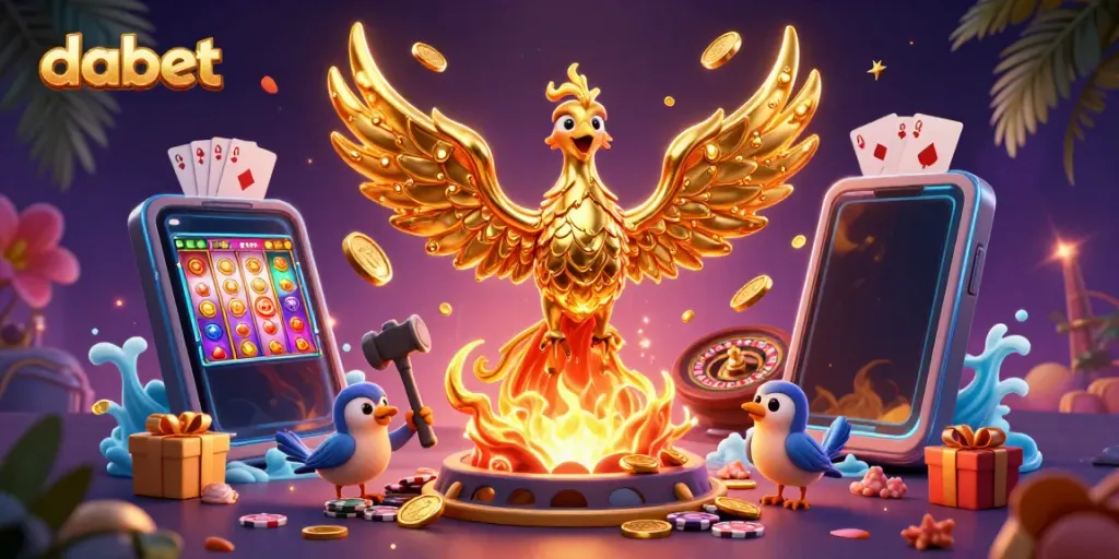 Experience thrilling gaming with dabet's molten golden phoenix and dynamic slots in a vibrant casino scene.