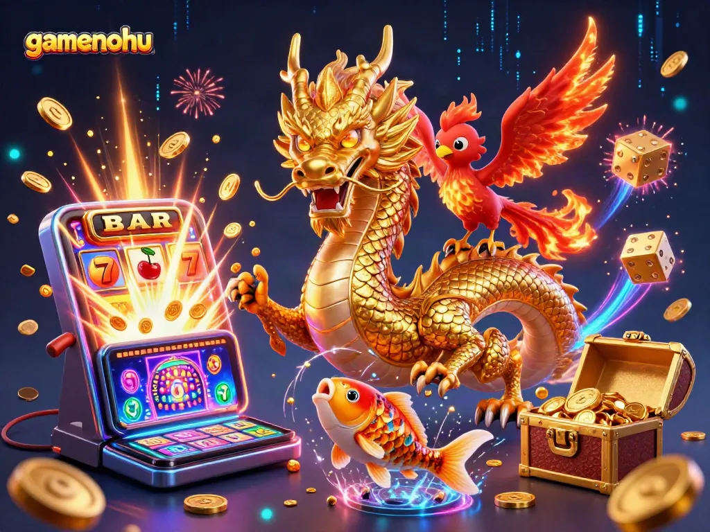 Engage with gamenohu's thrilling casino scene featuring a dragon, phoenix, and koi fish amidst vibrant game elements.
