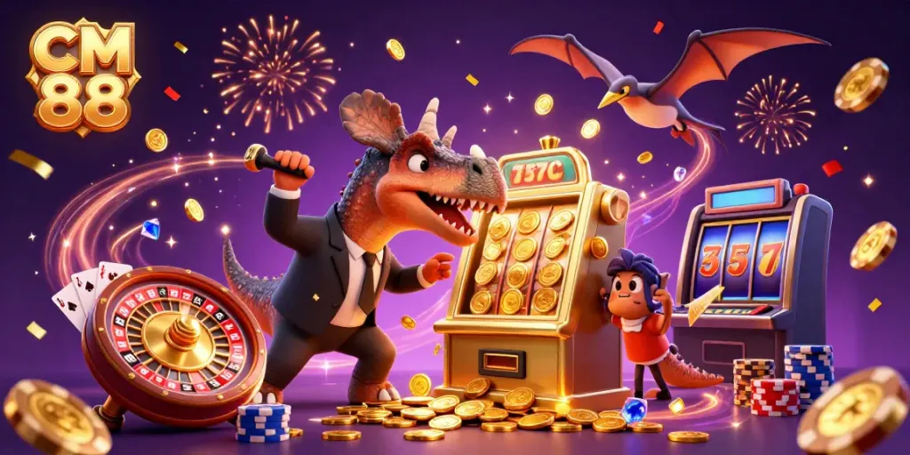 Engage in thrilling gaming with CM 88 as a dinosaur heads for a jackpot from a golden slot machine.