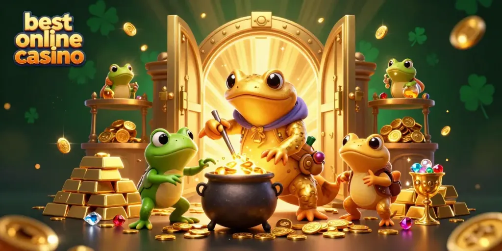 Experience the magic of the best online casino with golden coins and dynamic characters in a whimsical lab.