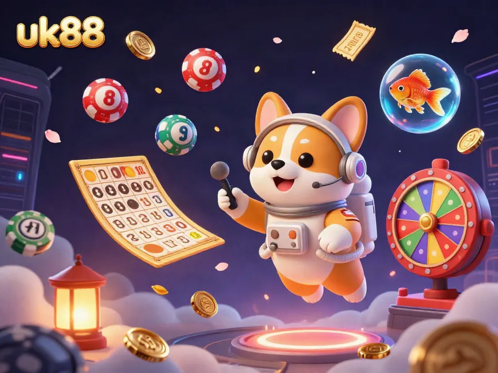 Experience exciting gaming at uk88 with a floating astronaut corgi and a vibrant casino atmosphere.