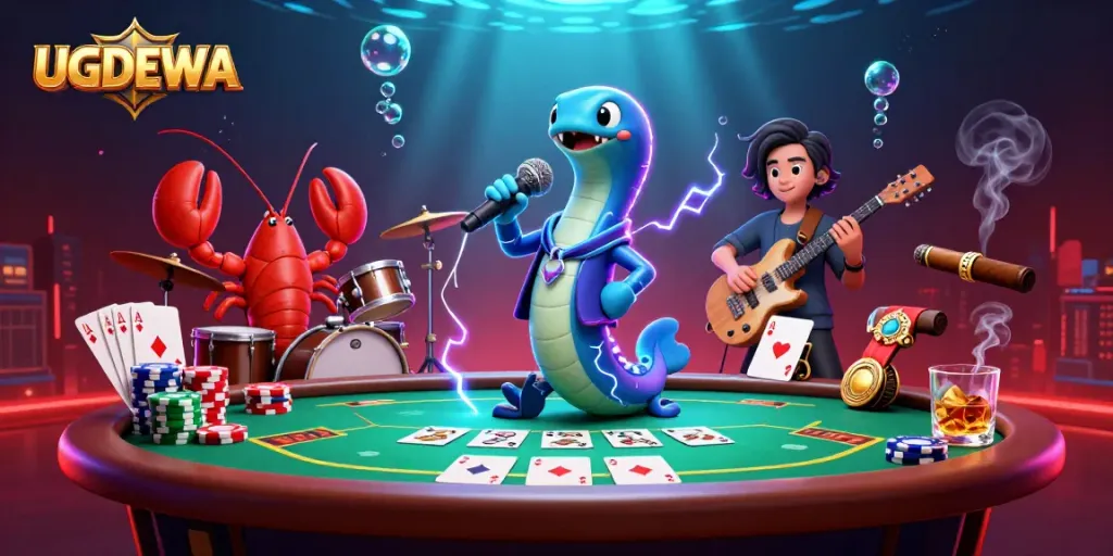 Catch the excitement of UGDEWA with an electrifying underwater casino scene featuring dynamic characters and poker elements.