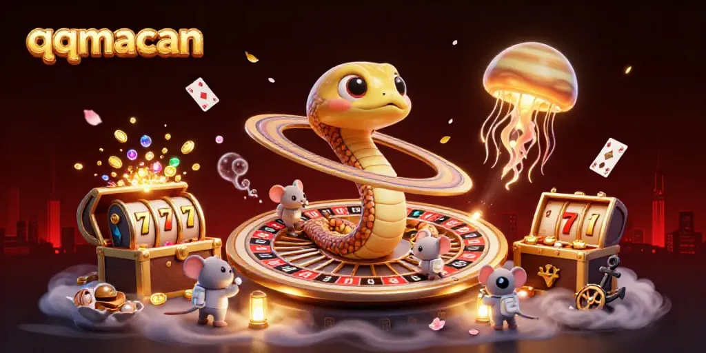 Engage with qqmacan in a lively 3D cosmic casino scene featuring betting astronaut mice and a playful jellyfish dealer.