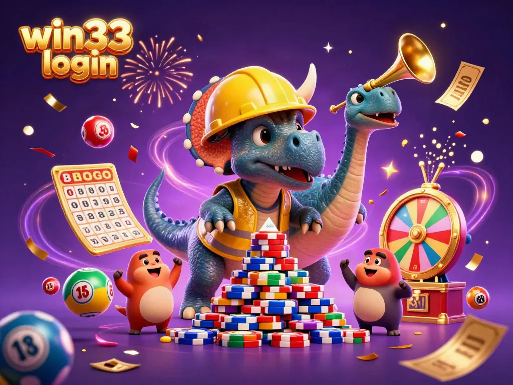 Engage in excitement with win33 login showcasing a celebratory 3D scene of gambling characters and dynamic elements.