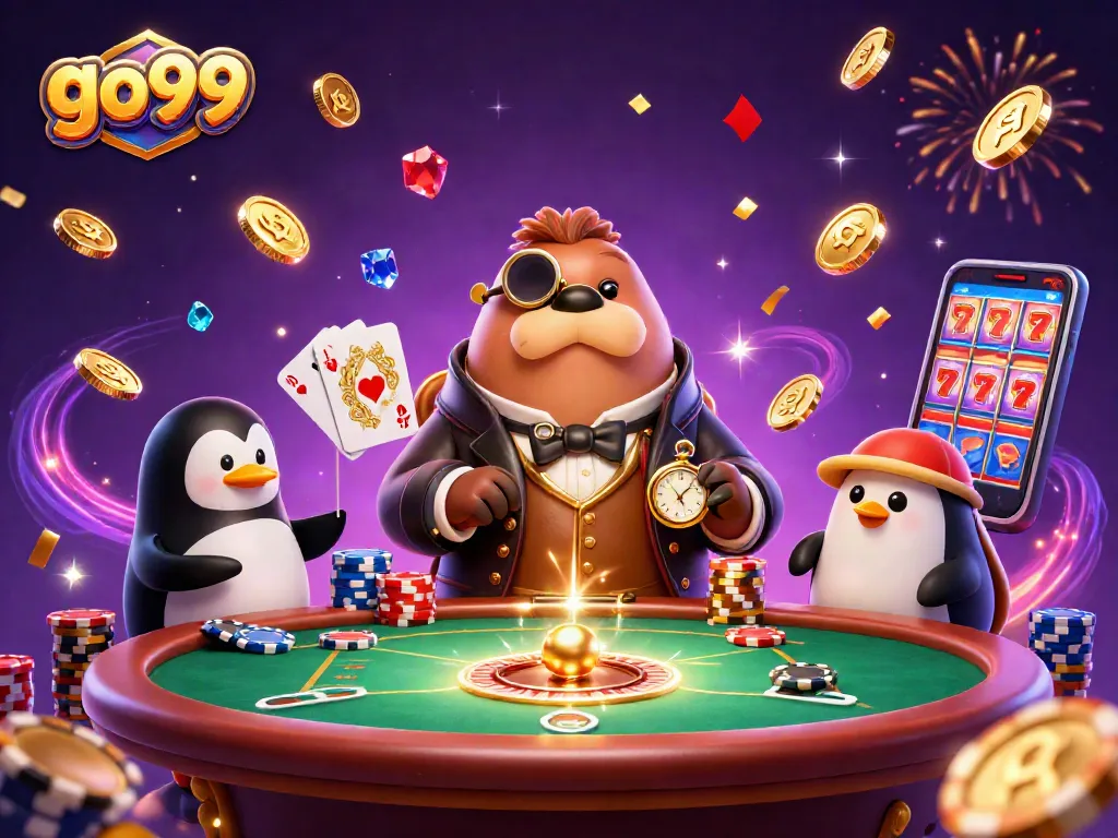go99 players engage with a jolly walrus at an underwater poker table, rich with festive casino elements.