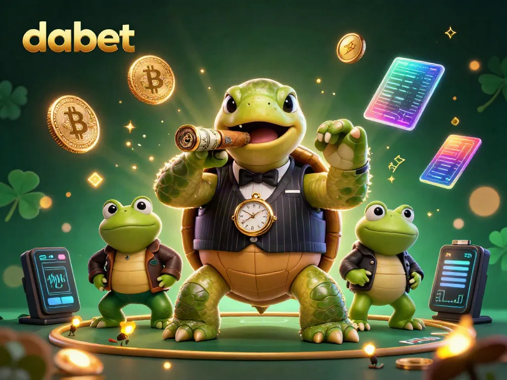 Experience dabet's vibrant casino vibes with a 3D snapping turtle in a suit and bullfrog enforcers amid bright tokens.
