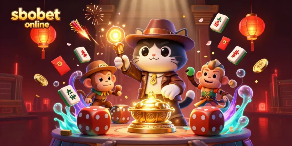 Experience sbobet online gaming with a cat explorer and dynamic casino elements in a mystical temple.