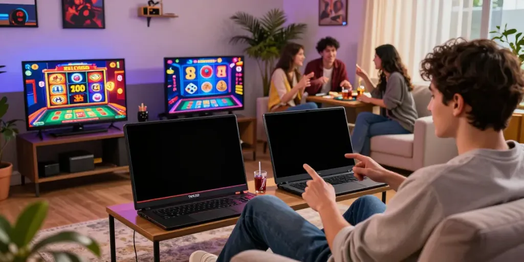 Engaged player enjoying Yono Arcade app featuring vibrant gaming options in a cozy home environment.