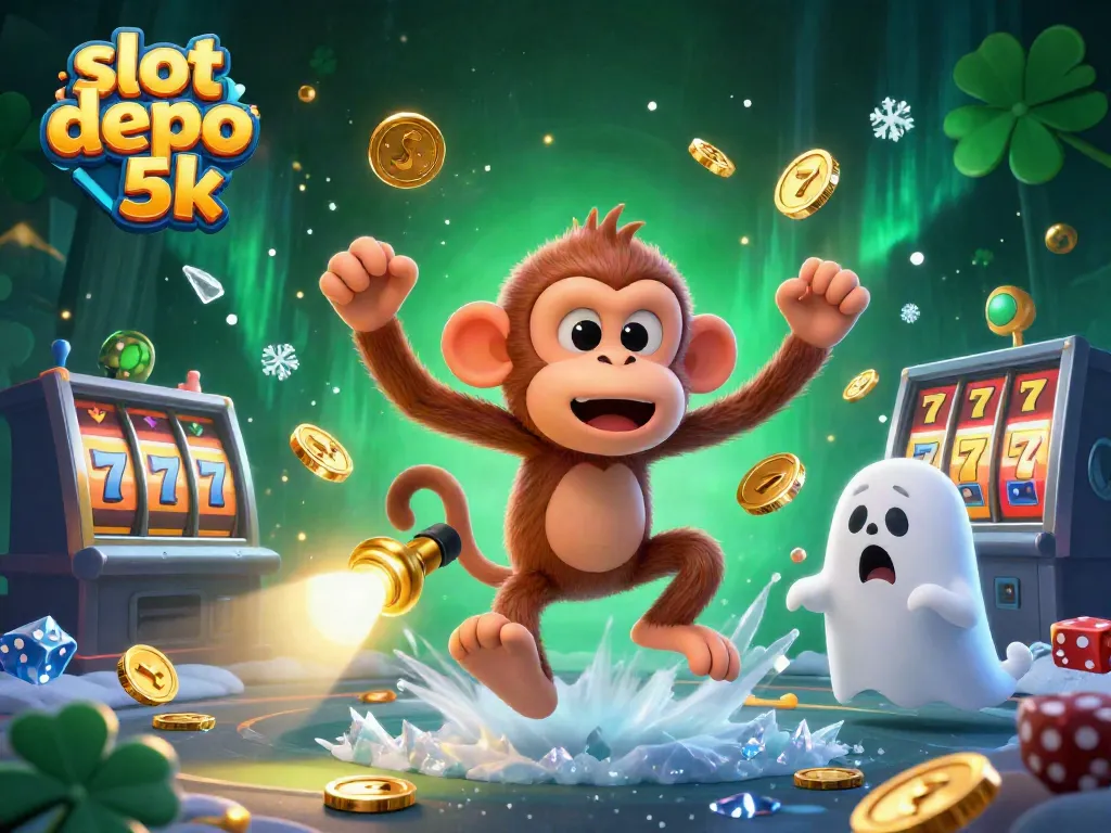 Engage with slot depo 5k's thrilling casino world through a vibrant 3D illustration of playful characters and dynamic gaming elements.