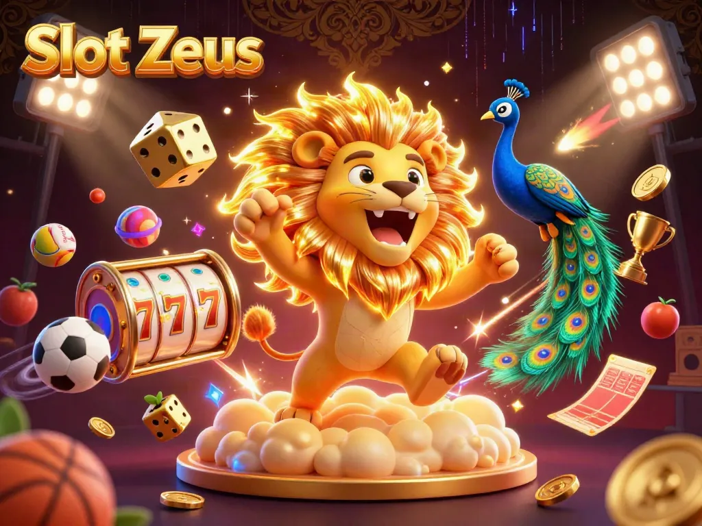 Mainkan Slot Zeus, dengan mesin slot visual yang cerah, simbol keberuntungan, dan elemen kasino yang dinamis.