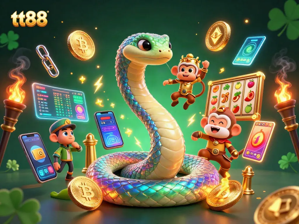 Win big with tt88 as a rainbow serpent coils around golden pillars, surrounded by dazzling casino elements.