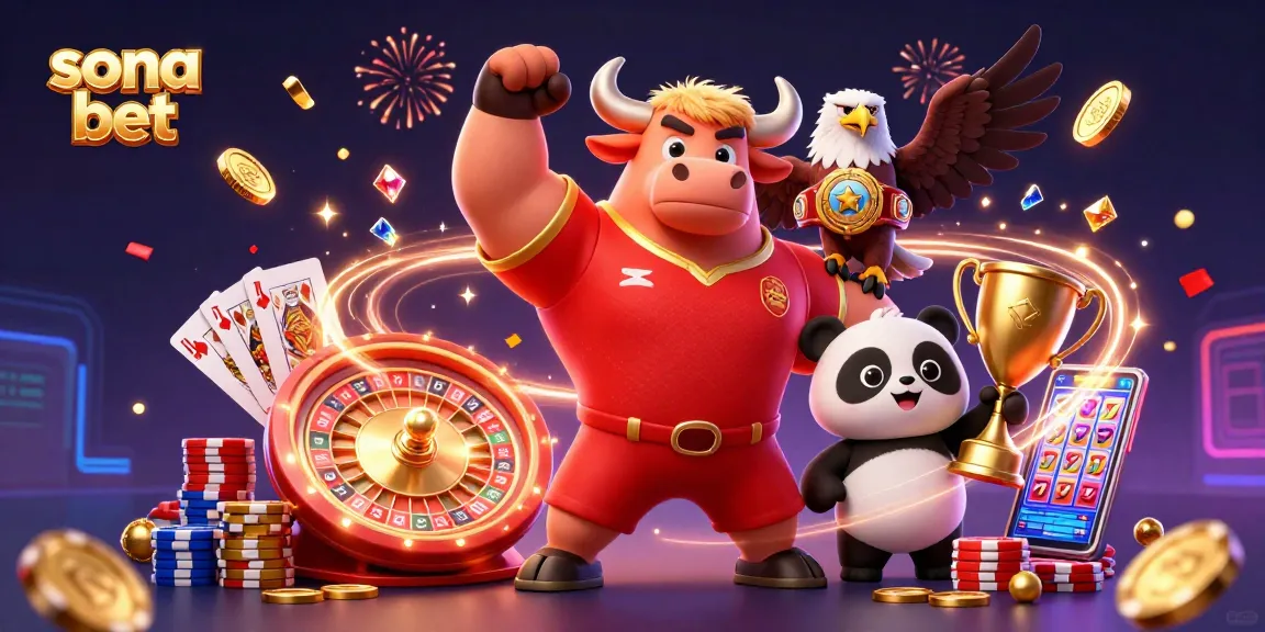Sona bet showcases a vibrant victory scene with a bull, eagle, and panda amidst casino excitement.