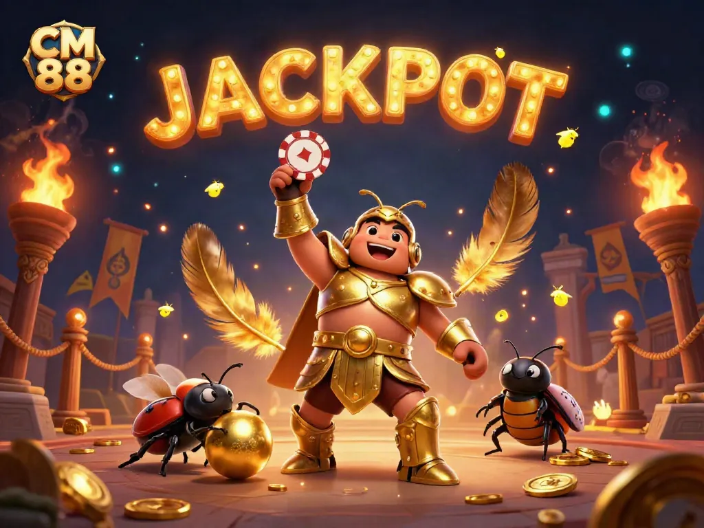 Experience the thrill of CM 88 with a heroic beetle raising a poker chip amidst swirling gold and jackpot celebrations.