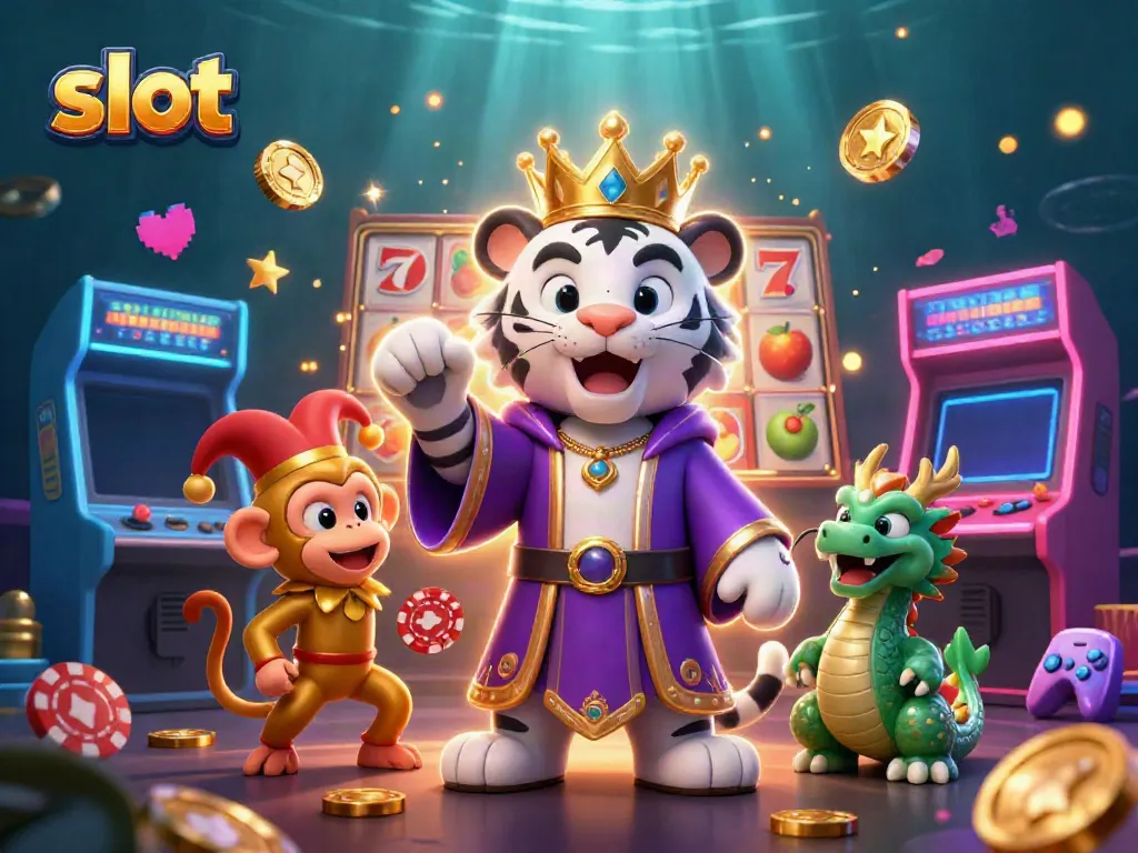 Spin the slots with captivating characters and vibrant casino themes in this colorful illustration.