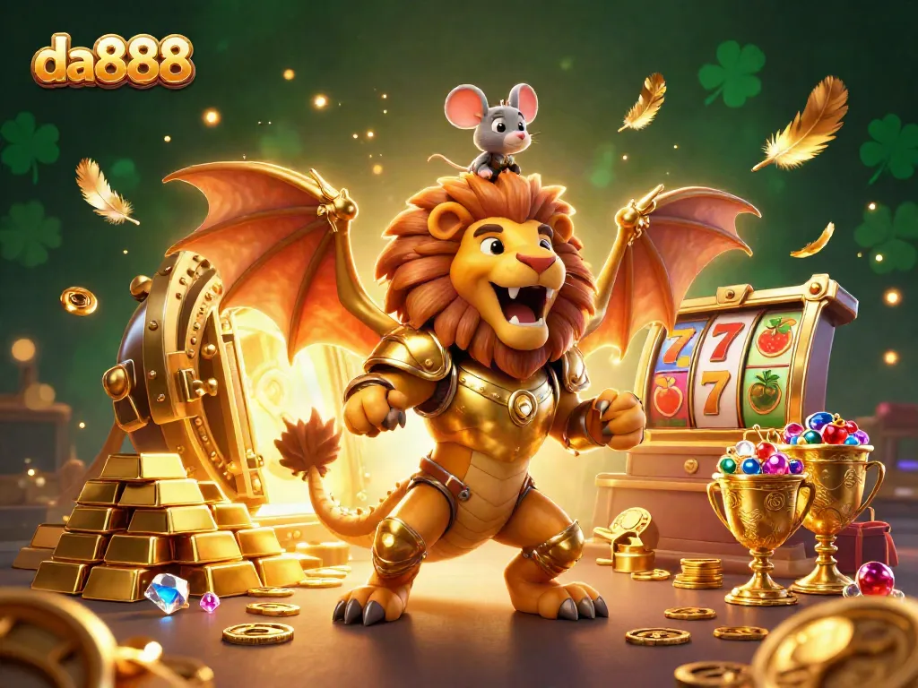 Engage with the thrilling da888 casino experience through a vibrant, dynamic illustration filled with golden treasures and iconic slot elements.