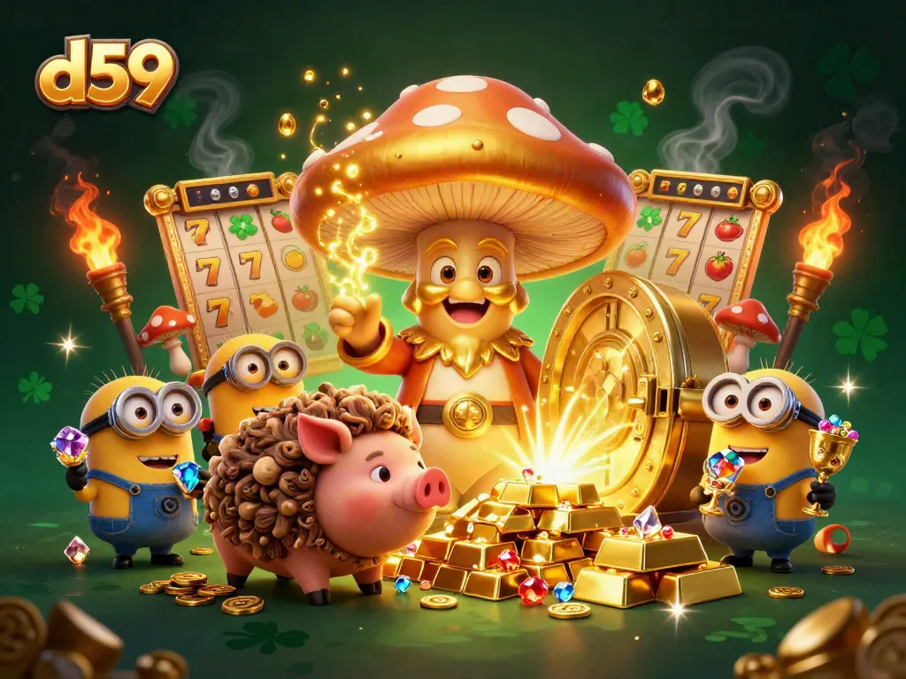 Spin and win with d59 in this magical gold-filled casino adventure featuring captivating characters.