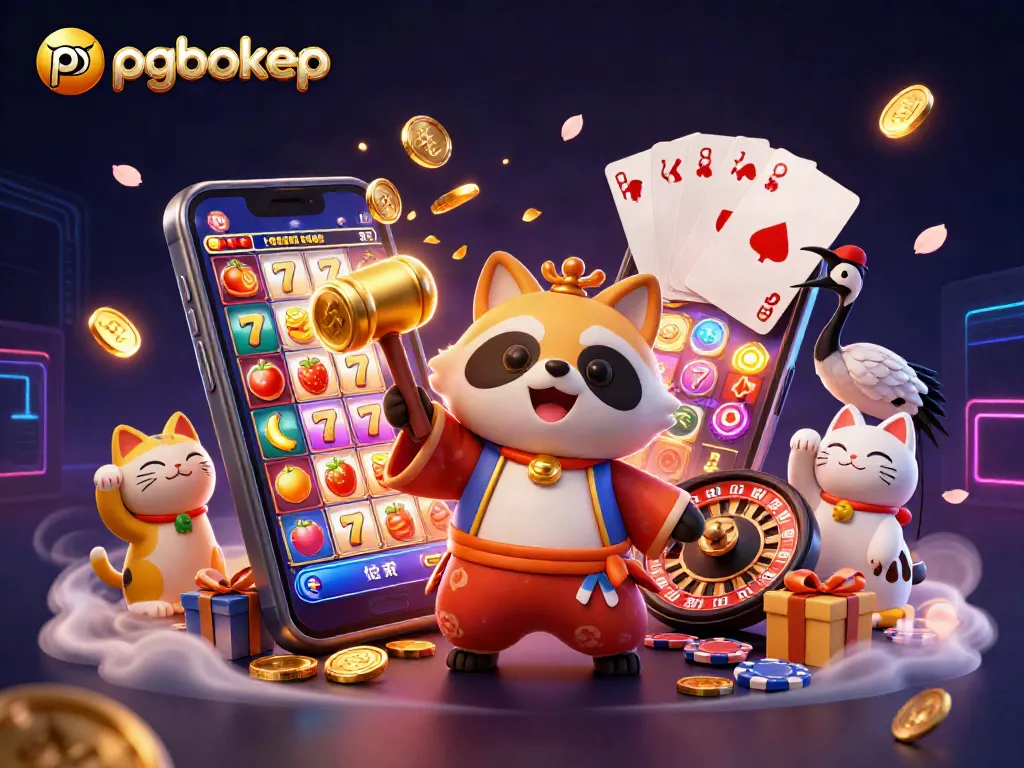 Experience pgbokep's vibrant casino world with a cheerful tanuki and fortune cats in 3D