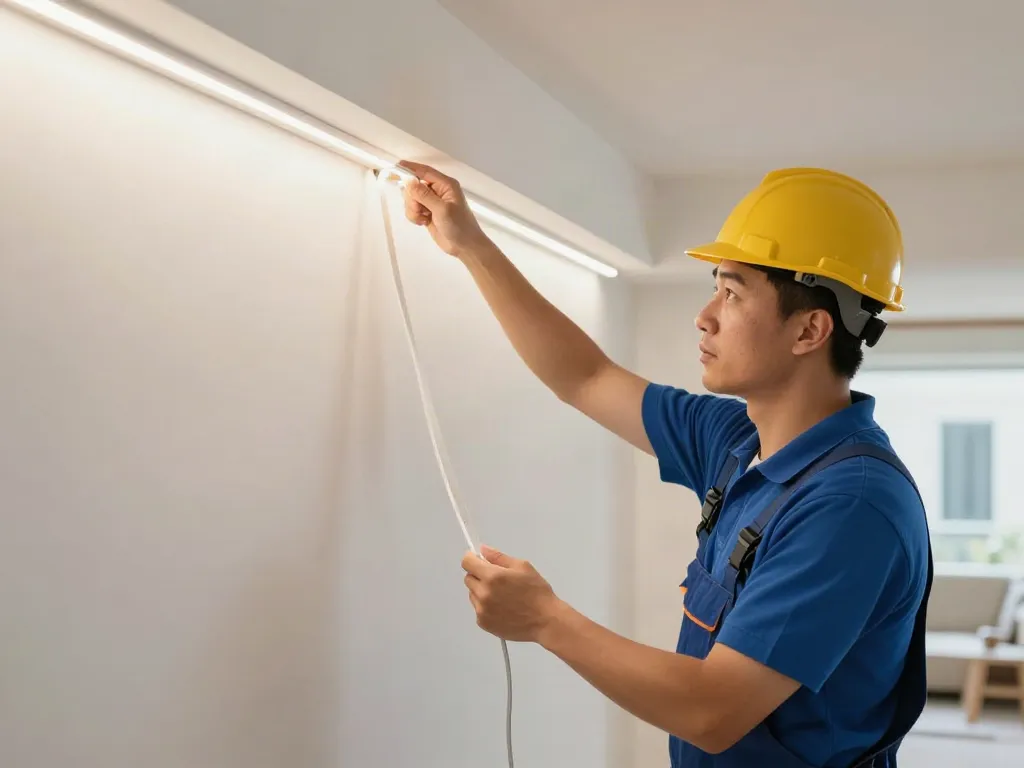 Instalator profesionist examina benzile LED 220V într-un interior modern.