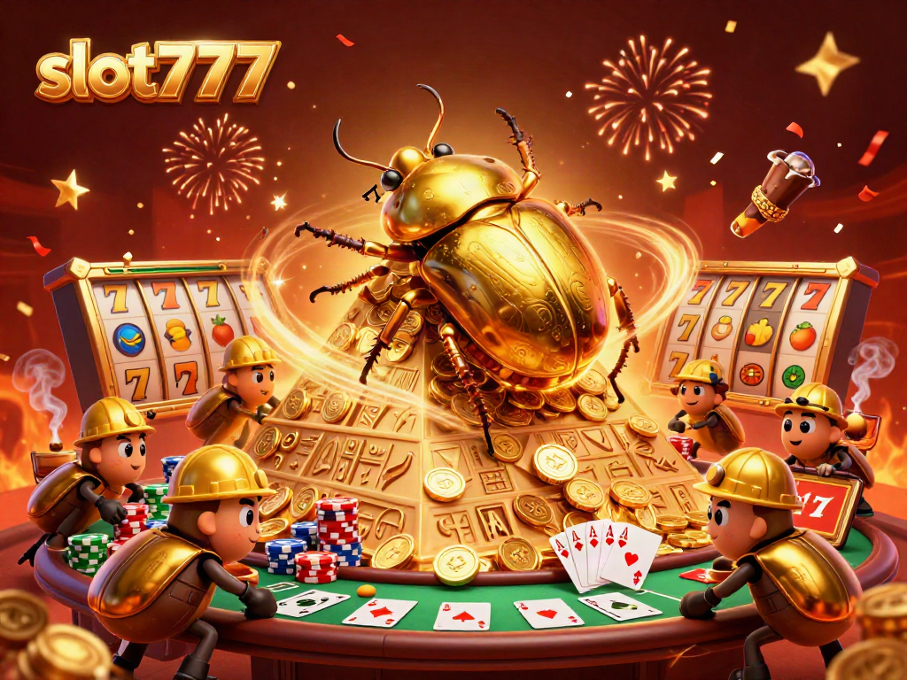 Experience excitement with slot777's vibrant 3D casino illustration featuring a golden beetle and slot reels.