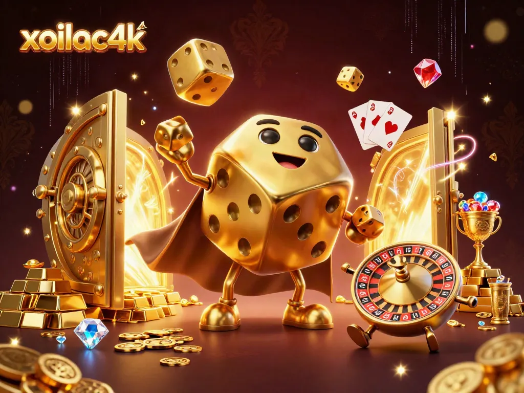 Engage with xoilac4k's vibrant casino world featuring golden dice and treasures.