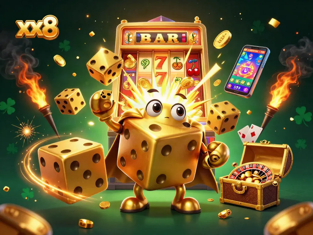 Experience winning with xx8's vibrant casino games, featuring golden dice and a jackpot explosion.