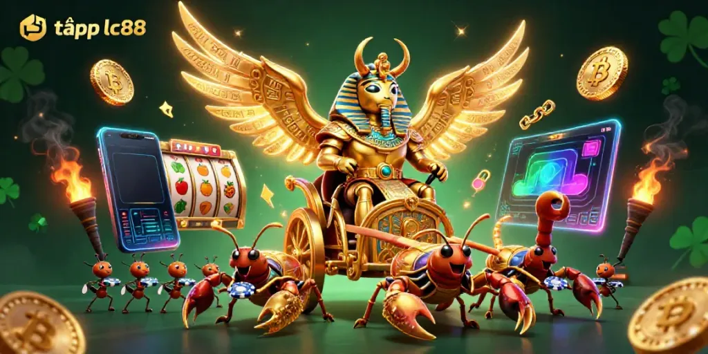 Win big with the tải app lc88, featuring exciting slot reels and golden characters in a vibrant gaming scene.