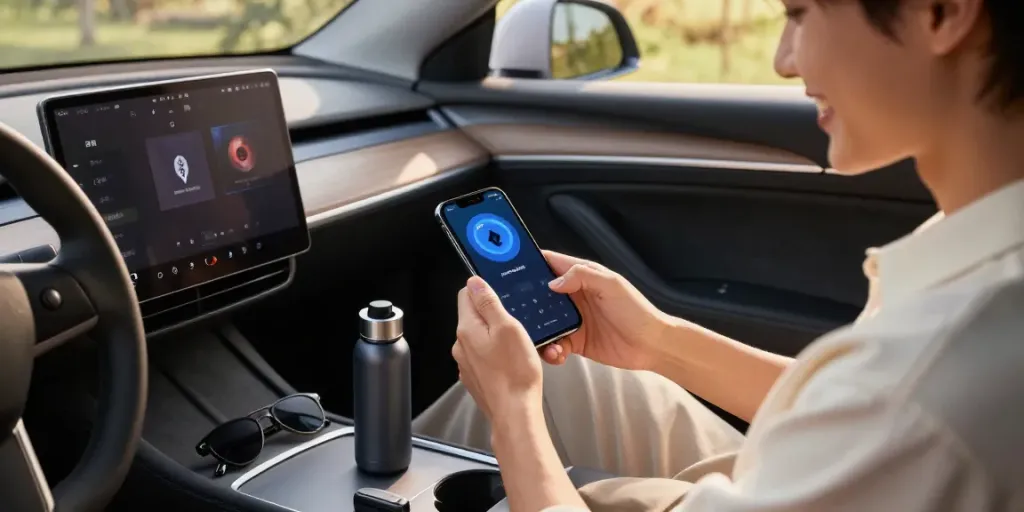 Penggunaan air88 Bluetooth di dalam mobil modern dengan suasana hangat dan menyenangkan.