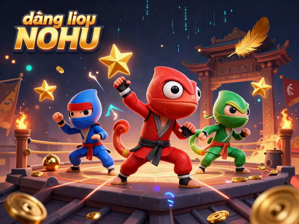 Experience the thrill of gaming with "đăng nhập NOHU" illustrated by chameleon ninjas among vibrant casino elements.
