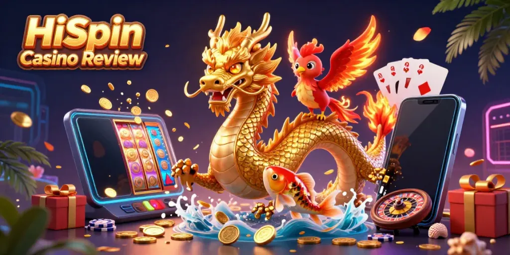 HiSpin Casino Review illustration featuring a golden dragon, phoenix, and koi fish surrounded by gaming elements.