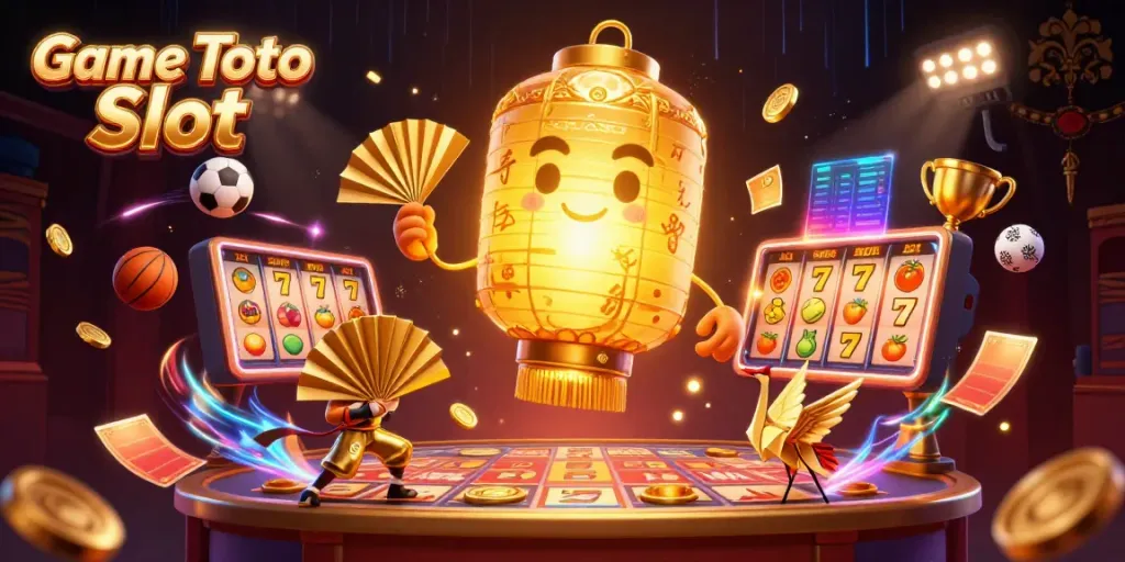 Game Toto Slot menampilkan ilustrasi 3D yang penuh warna dengan elemen kasino dan karakter mistis yang menarik.