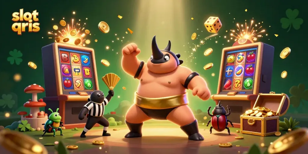 Experience exciting slot qris action with a dynamic 3D casino scene featuring lively characters.