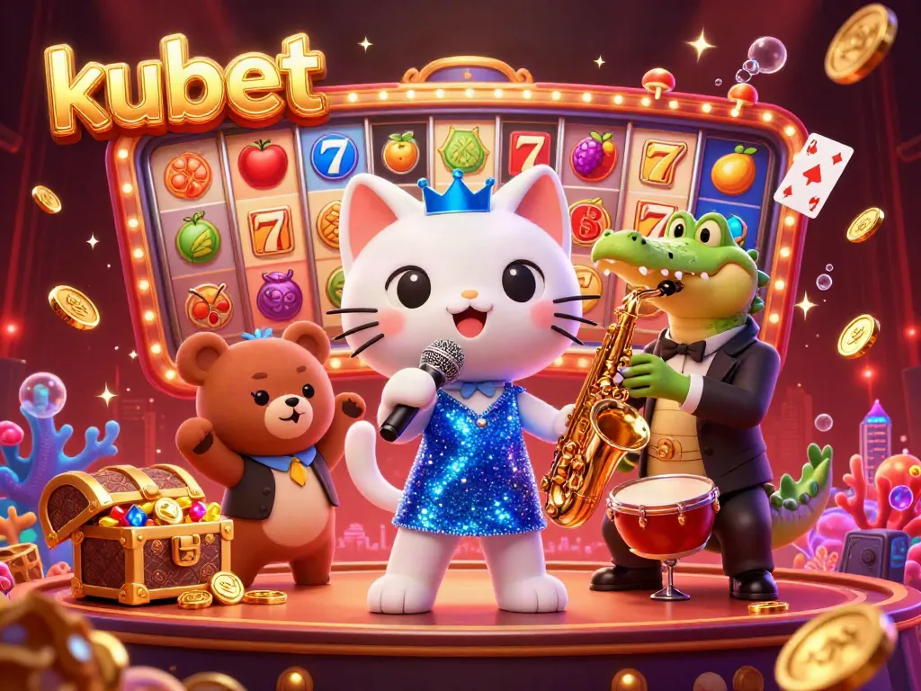 Enjoy thrilling gaming experiences at kubet with this lively illustration of a jazz-singer cat and friends.
