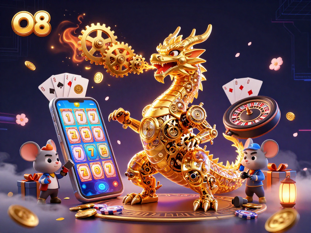 Win big with O8 at this dynamic online casino illustration featuring gaming elements and golden dragon.