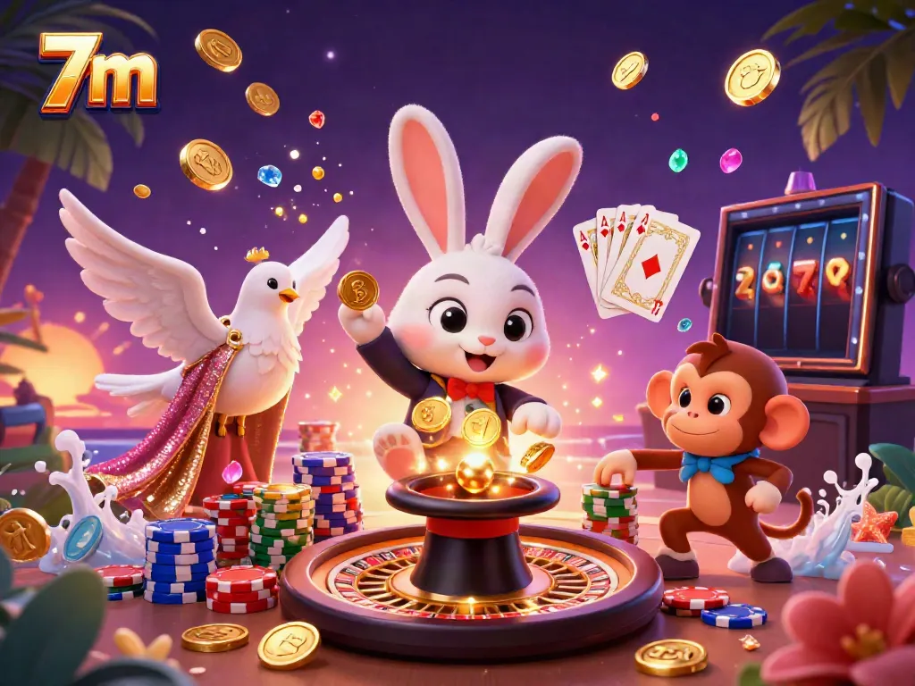 Experience the thrill of winning with 7m's vibrant casino magic featuring a rabbit, dove, and monkey.