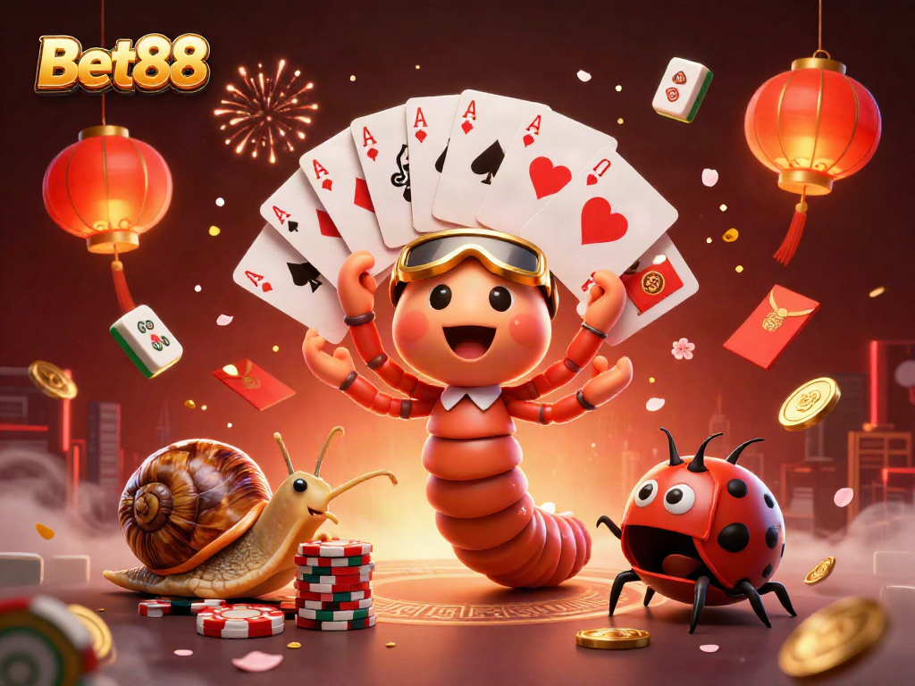 Bet88 showcases a vibrant casino scene with a colorful millipede dealer and high-stakes action.