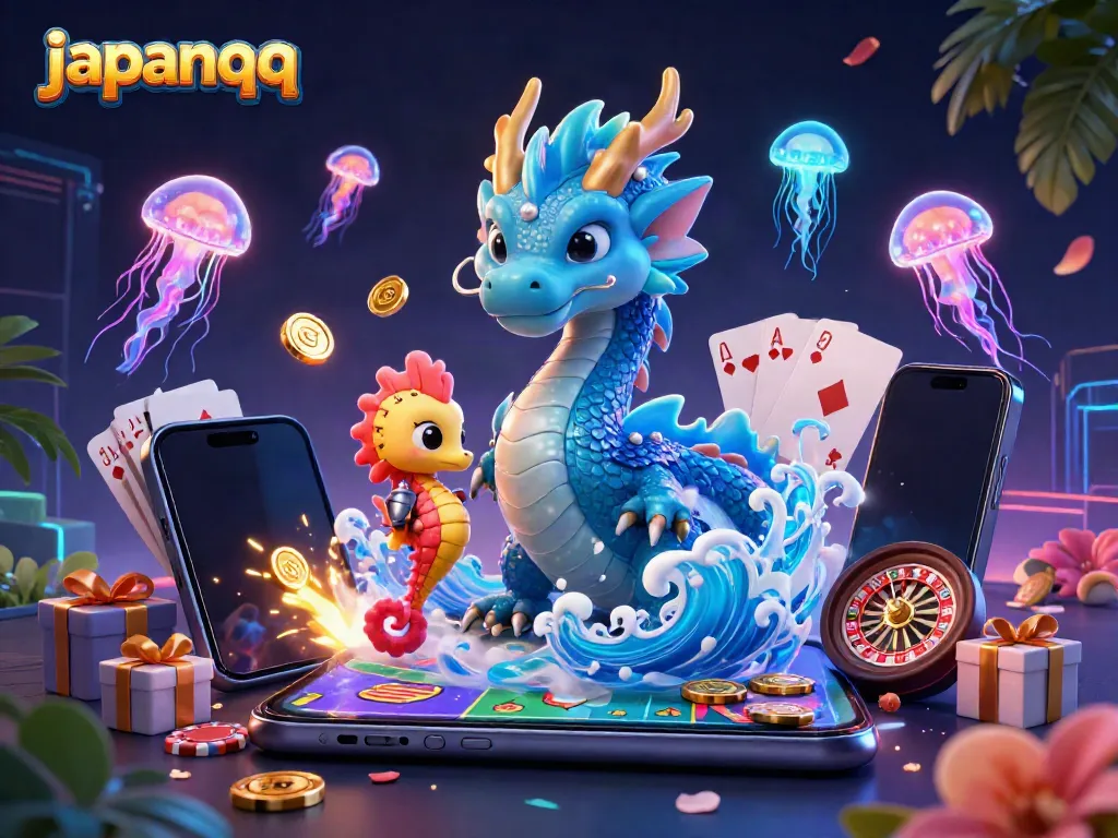 Permainan kartu poker dalam dunia digital JepangQQ, dikelilingi naga air bercahaya dan ikan berkilau.