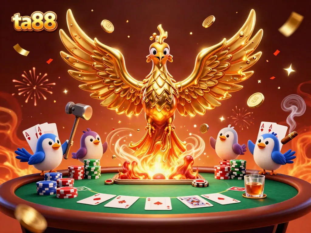 Experience the excitement at ta88 as a majestic golden phoenix emerges in a thrilling poker scene.
