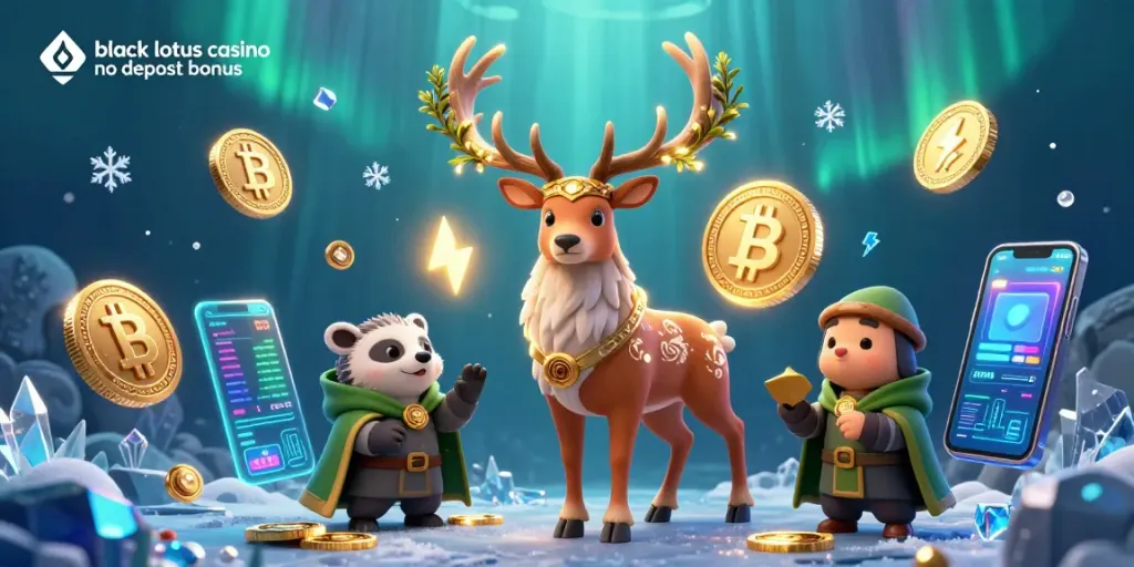 Engage with the black lotus casino no deposit bonus through a magical scene filled with fantasy characters and cryptocurrency.